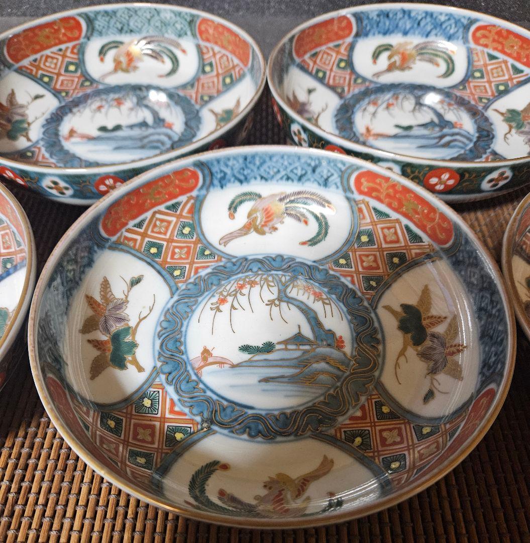 江戸時代末期　献上古伊万里様式　錦手　鳳凰に桐葉文　15.5cm   深皿　5客