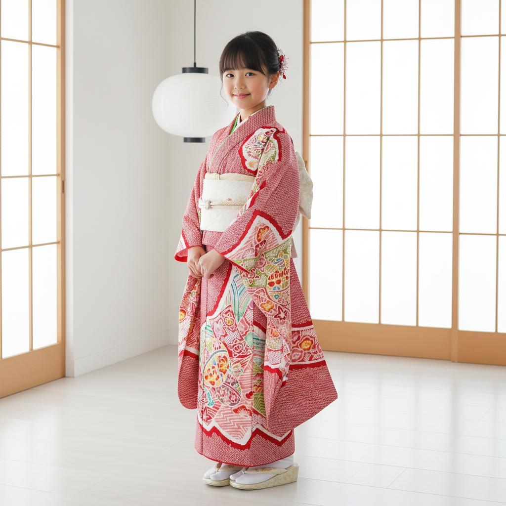 七五三 753 着物 七歳 正絹四つ身着物 夾纈絞り 日本製 新品 k4131t