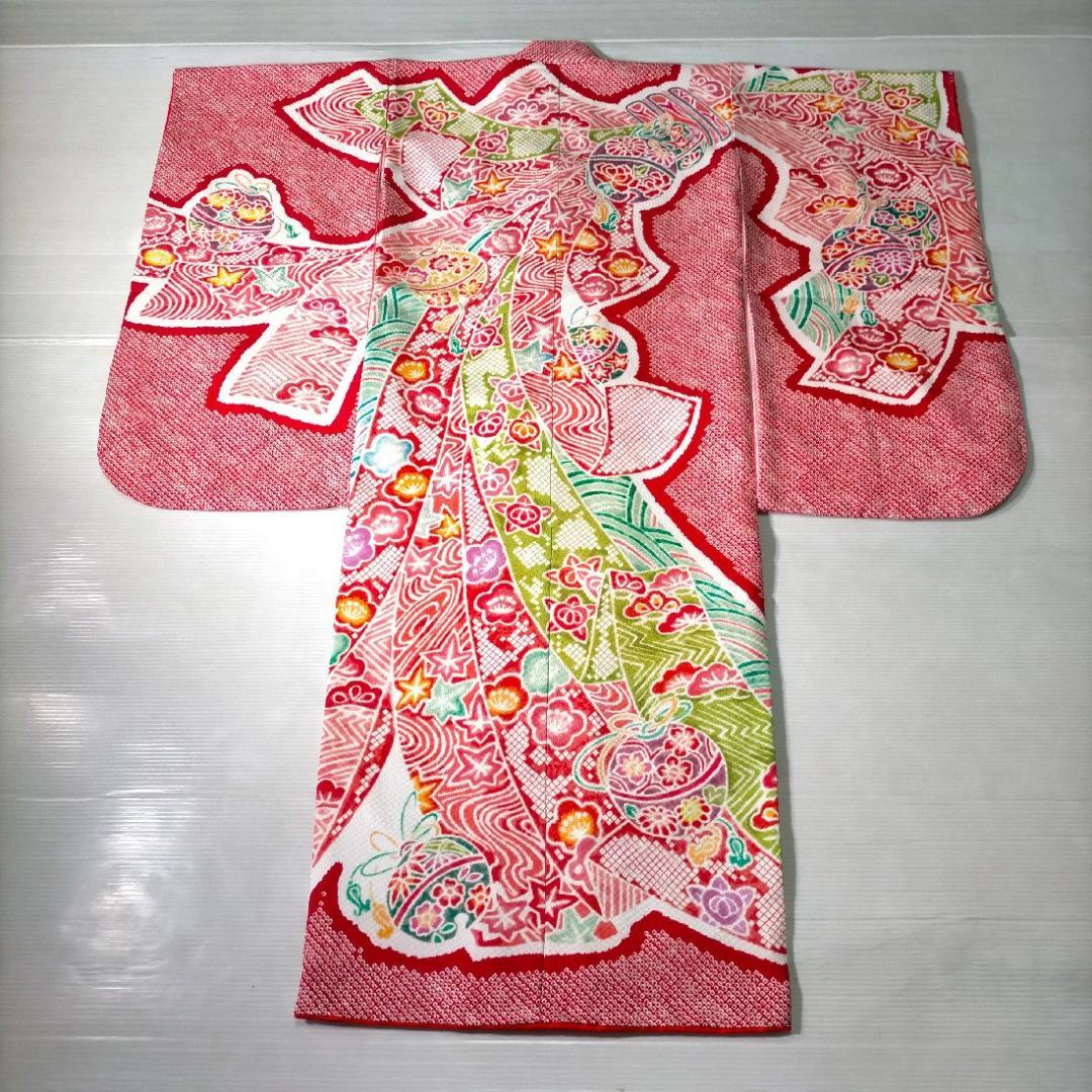 七五三 753 着物 七歳 正絹四つ身着物 夾纈絞り 日本製 新品 k4131t