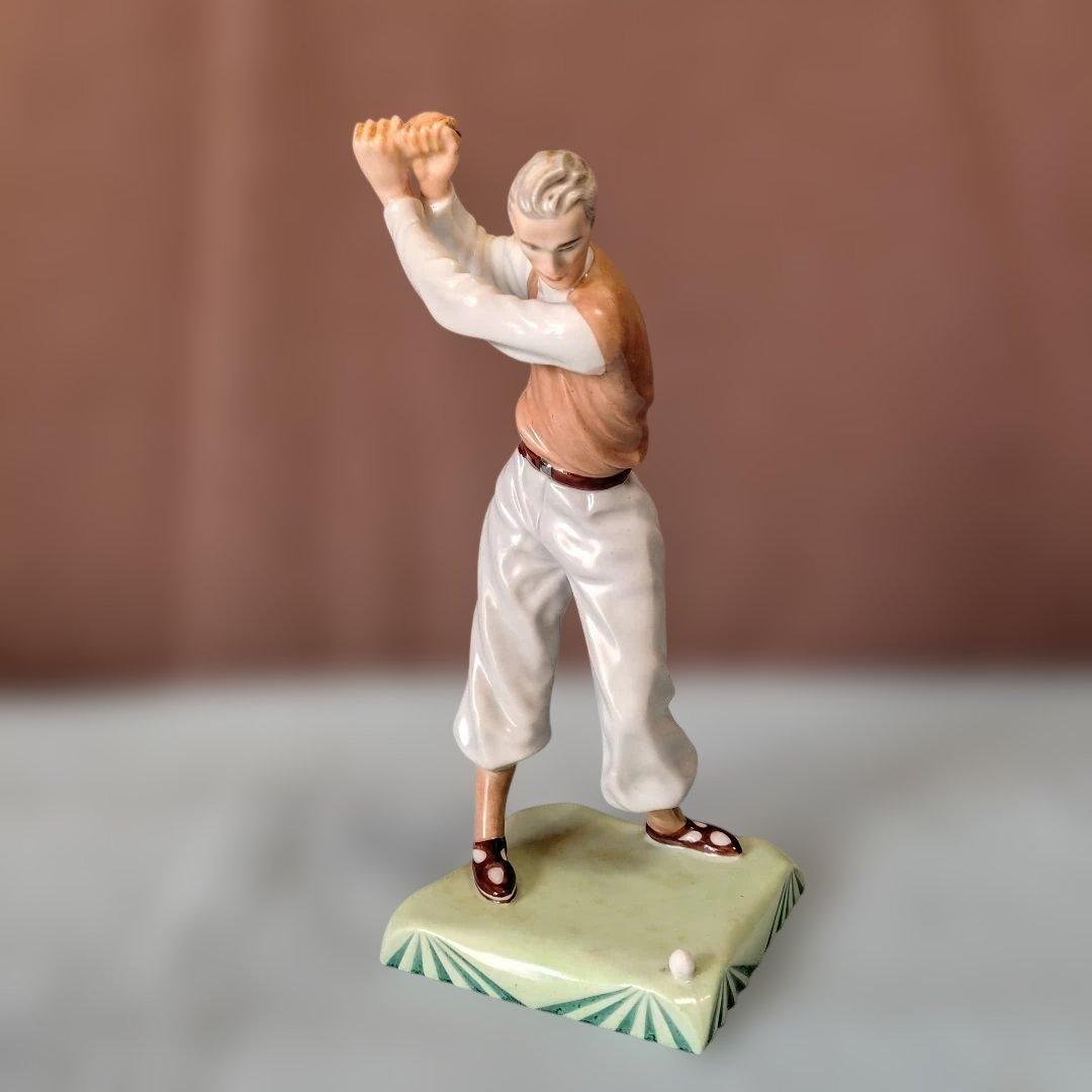 チェコスロバキア/シュラーゲン ヴァルト陶製置物2点 (アオサギとゴルファー)