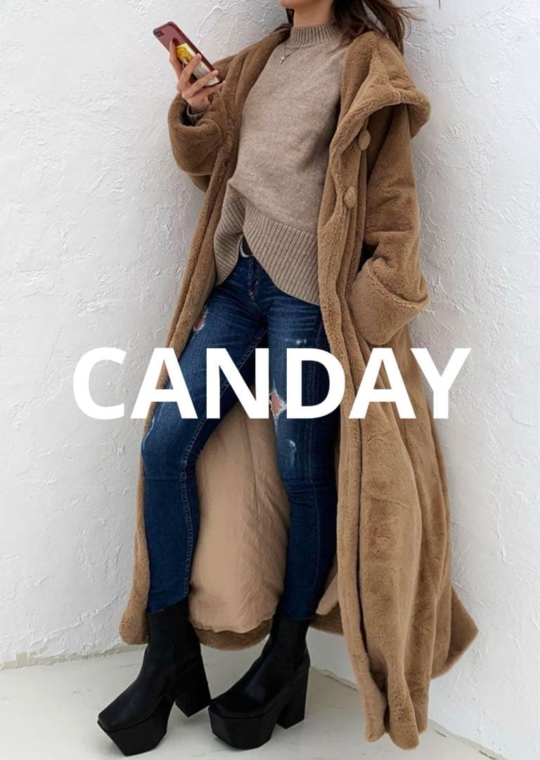 N 新品　CANDAY モコモコ マックス マキシ コート　ミルクティー