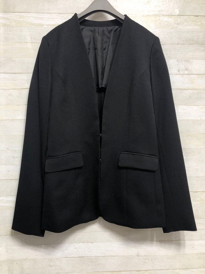 pearl☆Mトール黒無地♪ノーカラージャケットパンツスーツ3点◯D371