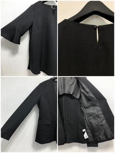 pearl☆Mトール黒無地♪ノーカラージャケットパンツスーツ3点◯D371