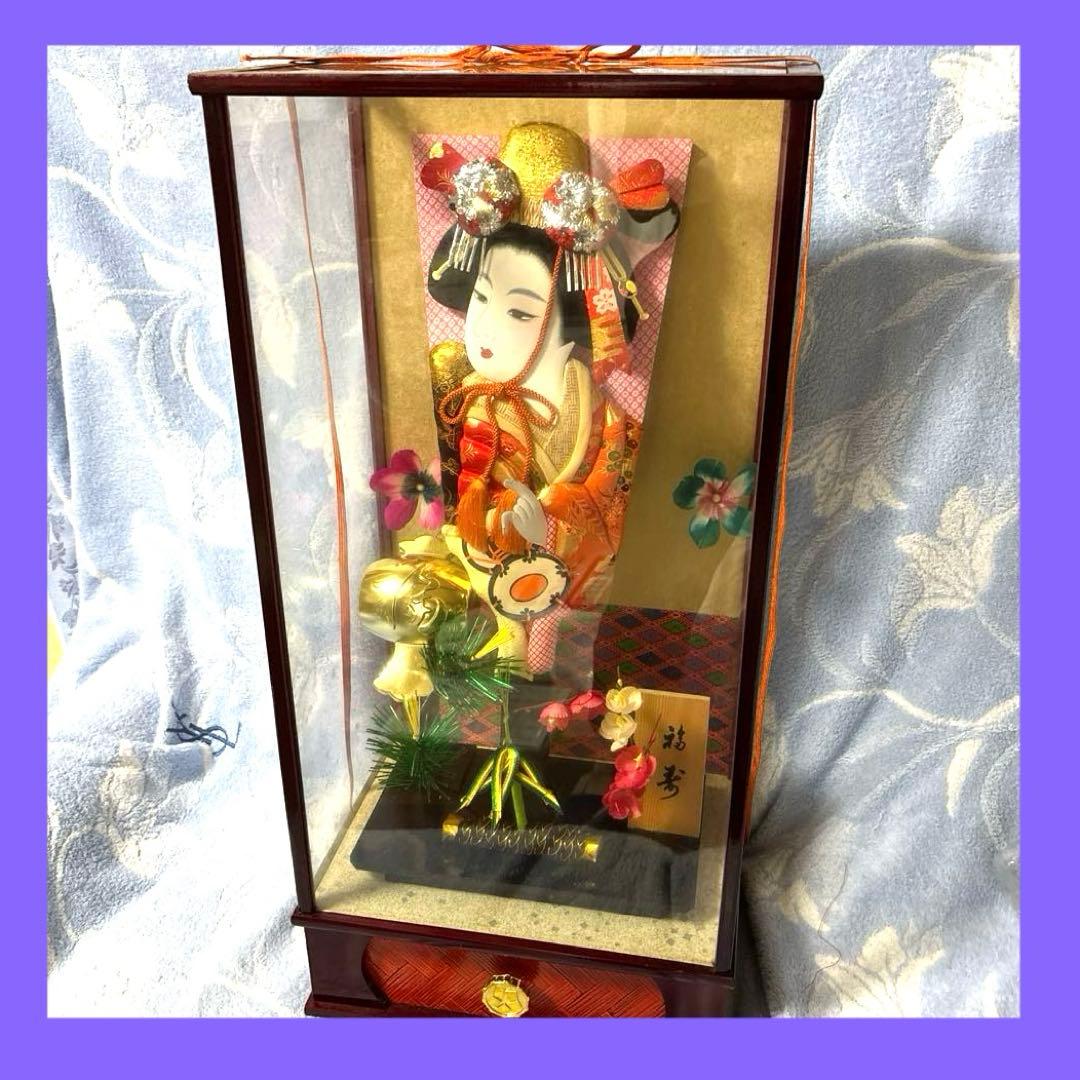 松竹梅 『福寿』 小鼓 伝統的な日本の羽子板 ガラスケース入り オルゴール付き