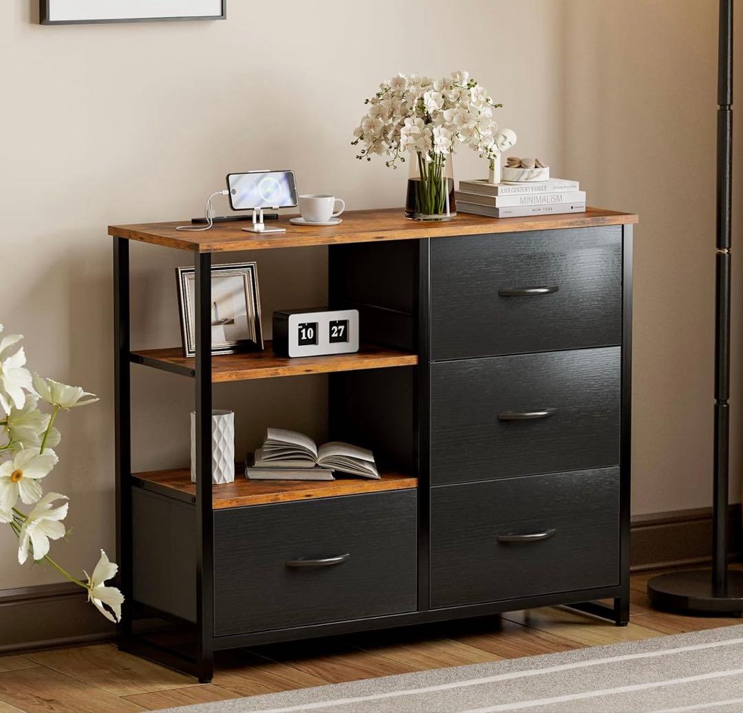 チェスト収納 タンス 棚付き コンセント付き　幅84×奥行30×高さ71.4cm