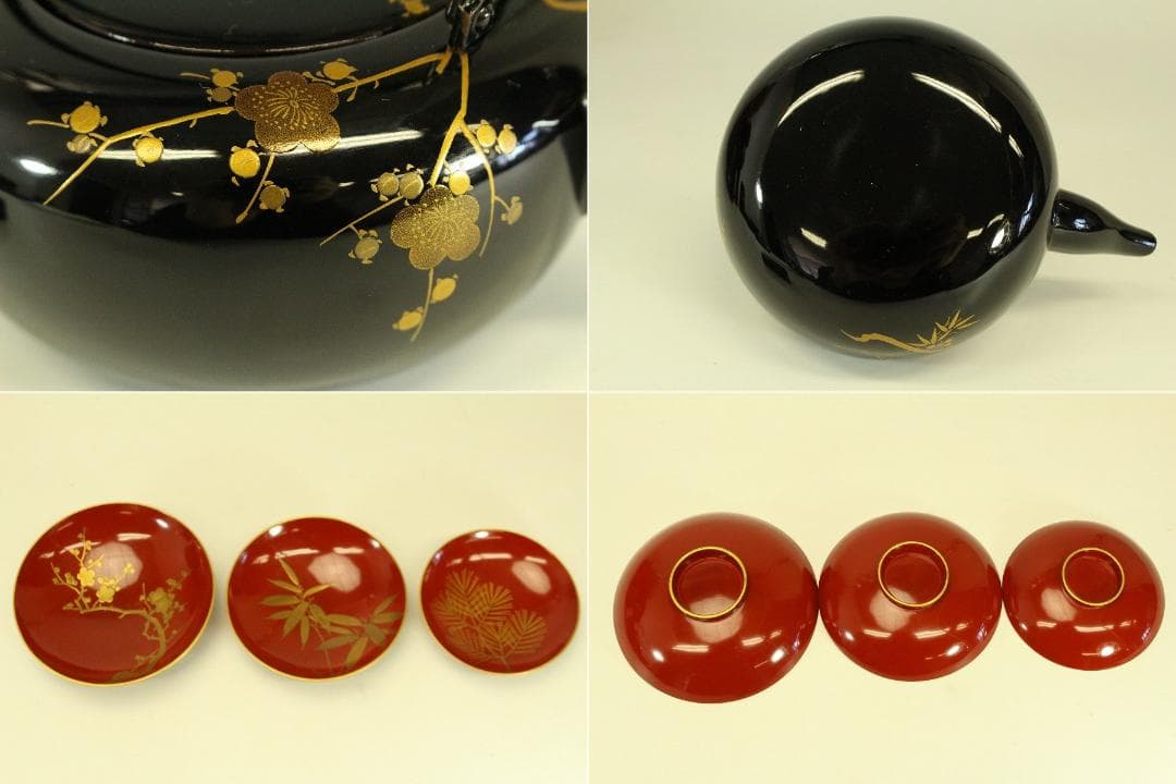 梅蒔絵 お屠蘇 揃 銚子 盃三 台 美品 正月 節句(ZE527)