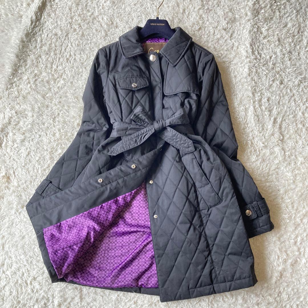 極美品　コーチ　キルティングコート　ベルト付き　裏地総柄　シグネチャー　黒S