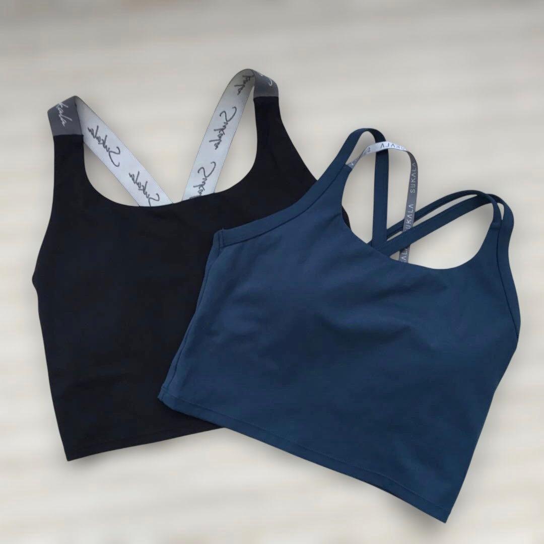 ヨガウェア クロスストラップ ブラック ダークブルー　Mサイズ