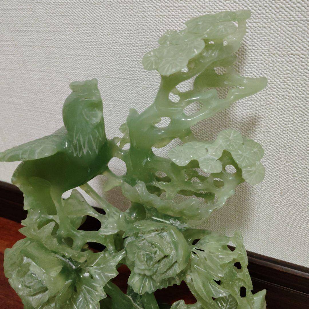 翡翠製 鳥と花の彫刻 約30cm