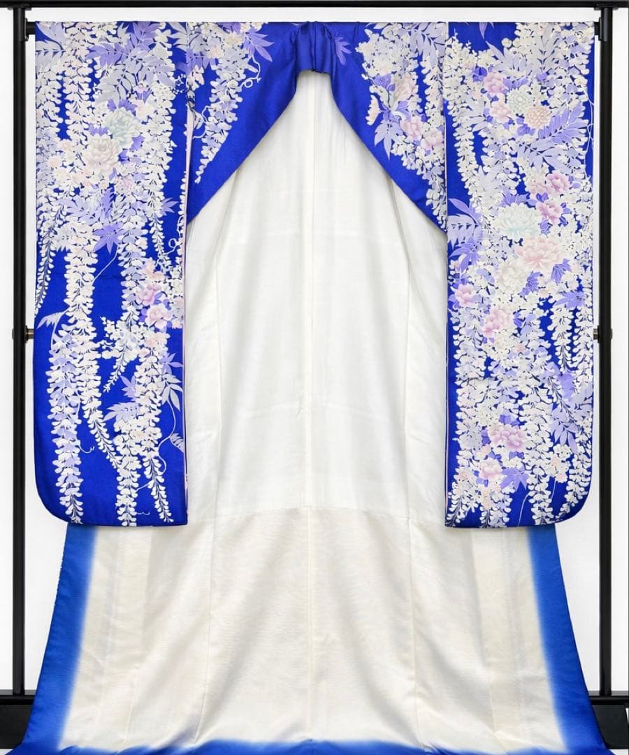 藤柄 銀彩 駒刺繍 振袖 正絹 紺青 身丈156 裄63 袖丈109