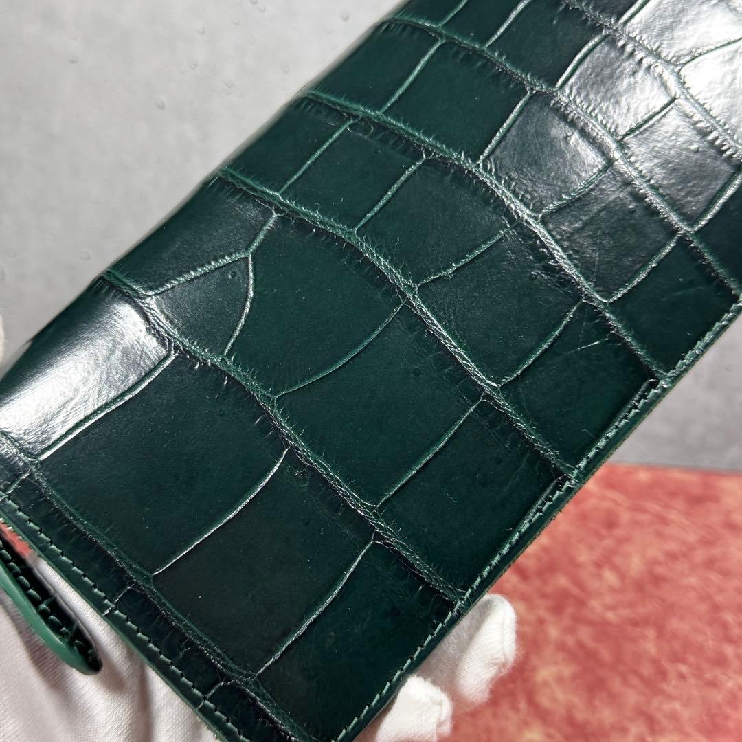 新品 クロコダイル 長財布 ダークグリーン 本革 ワニ革 シルバーファスナー