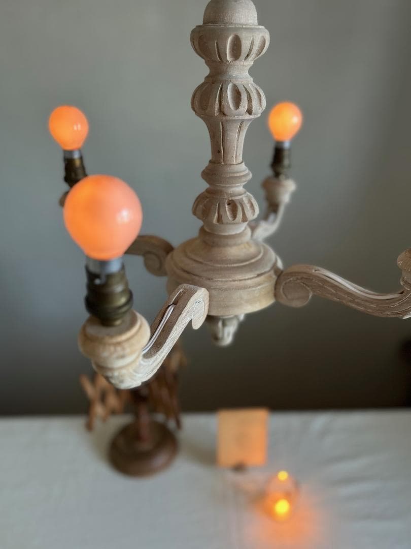 フランスアンティーク　木製シャンデリア　４灯　シャビー　店舗什器