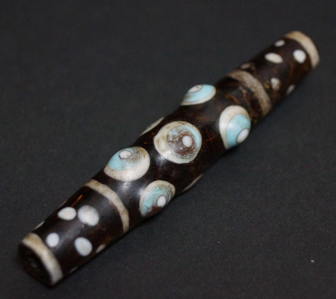 古代中国戦国玉 多眼貼付筒形大玉トンボ玉 ガラス蜻蛉玉 根付 緒締玉提げ物装飾品