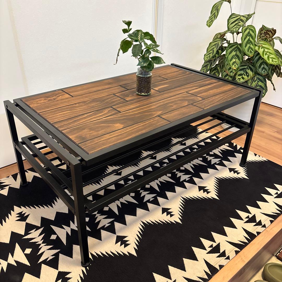 男前　無骨インダストリアル　センターテーブル　天然木の天板