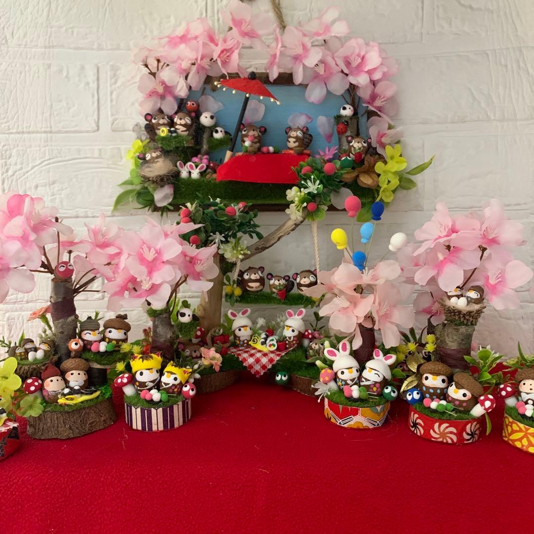 どんぐりアート♡たぬきちゃん壁掛けオブジェ　お花見おオブジェ　ミニ6個♡