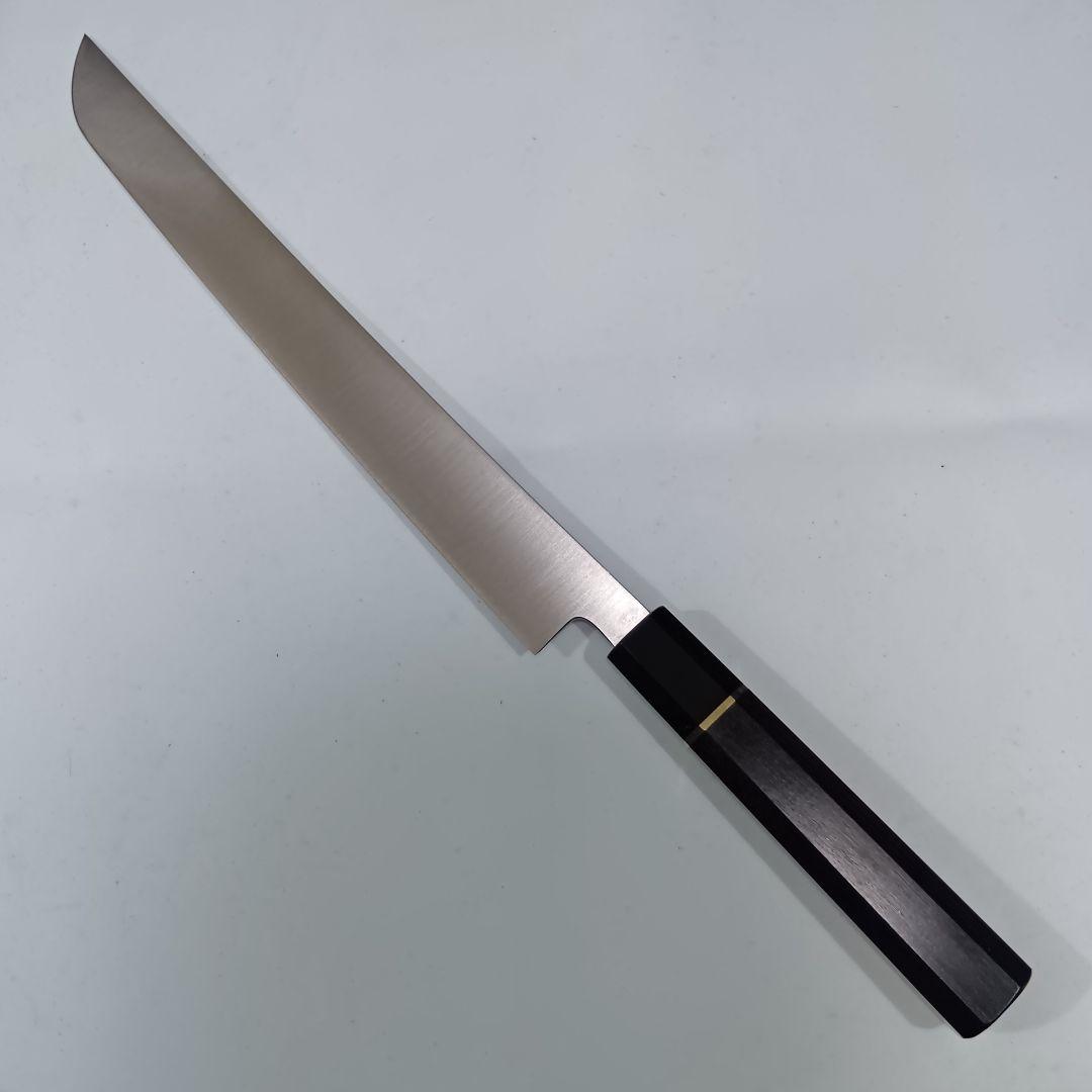 ステン本焼V金10号先丸柳刃包丁27cm黒水牛黒檀八角柄