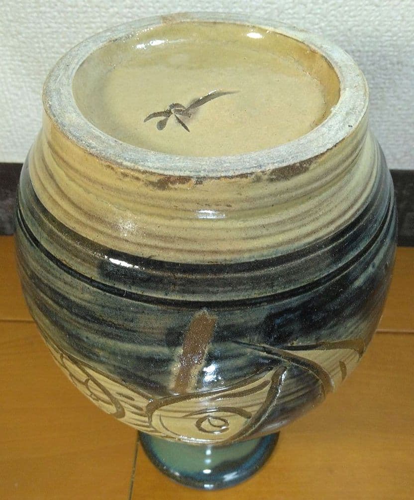 人間国宝 金城次郎 壷屋焼 小花瓶 栞 共箱(本人書付真筆) 壺屋焼 青首花瓶