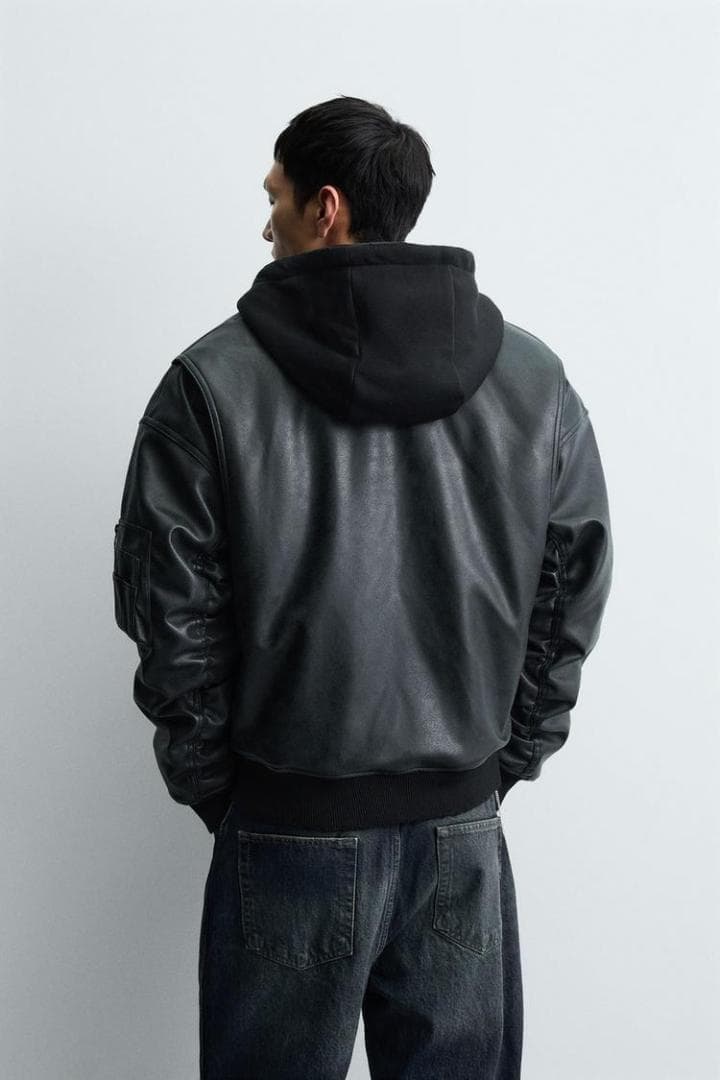 ZARA ザラ コントラストフード付きフェイクレザー ジャケット XL