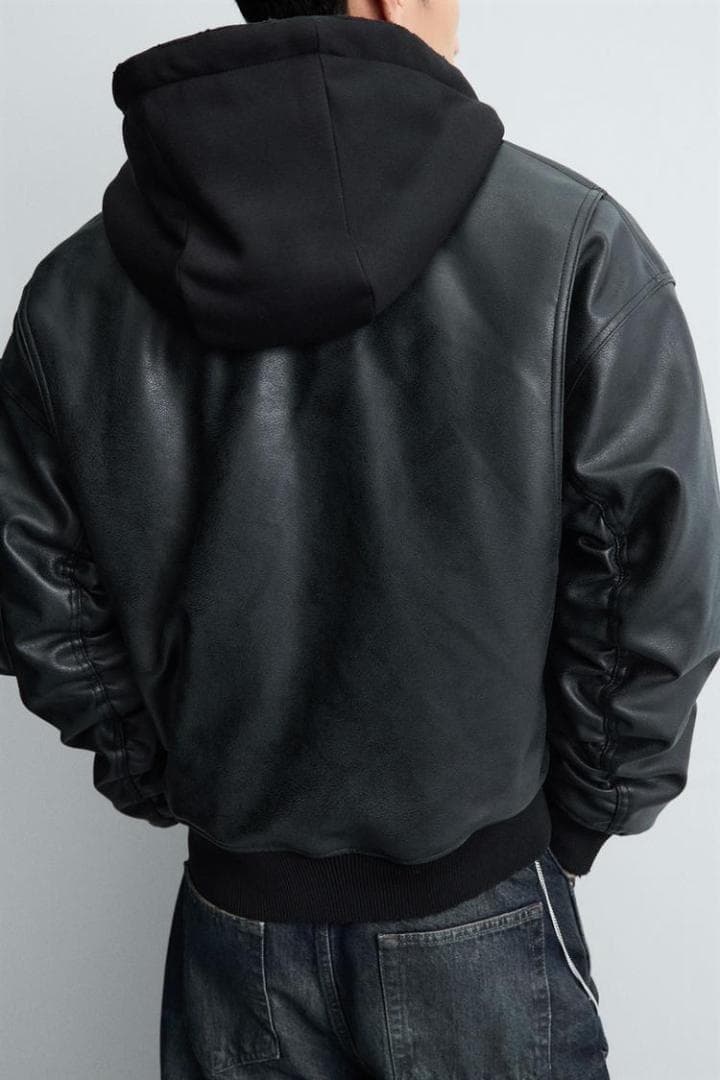 ZARA ザラ コントラストフード付きフェイクレザー ジャケット XL