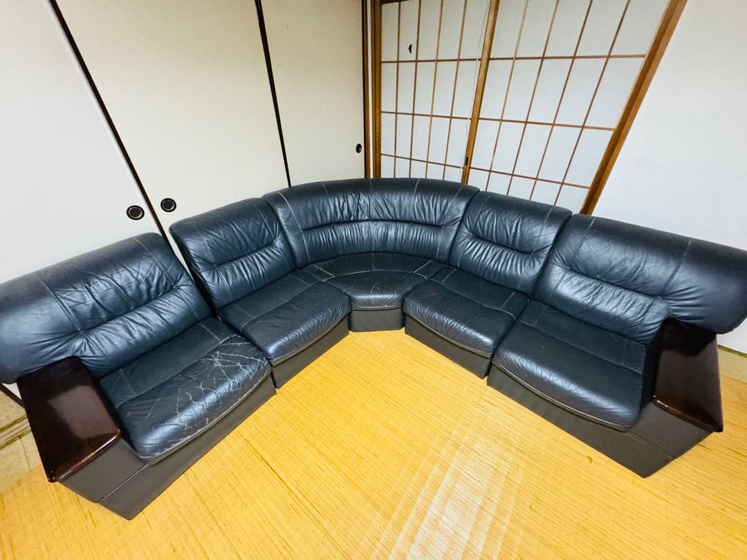 福岡発 本皮 5人掛け ソファー ソファ 椅子 イス アンティーク ビンテージ黒