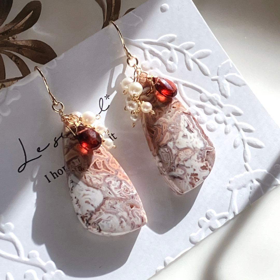 tama◆一点物✧ピンククレージーレースアゲート×ガーネットピアス