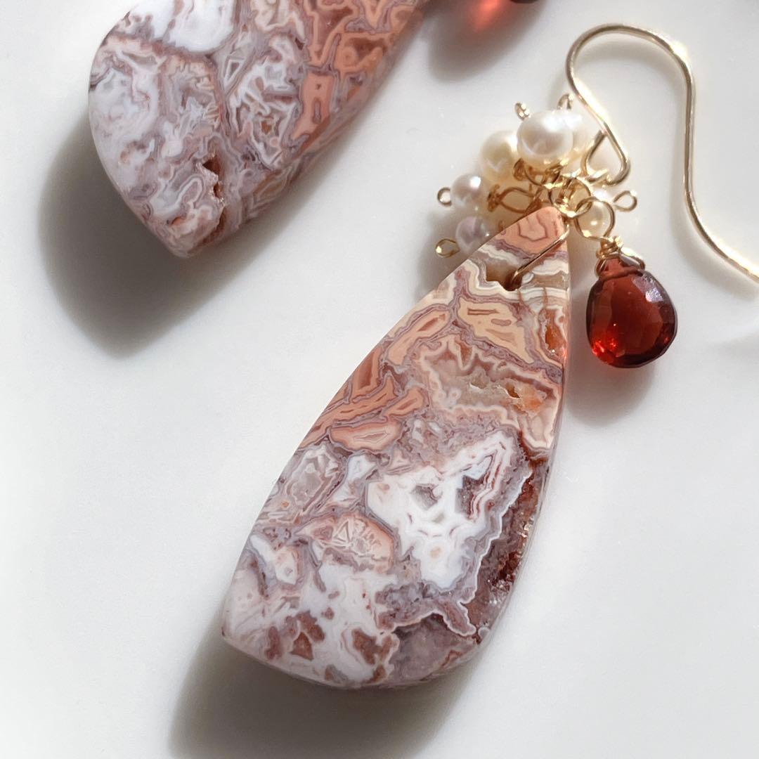 tama◆一点物✧ピンククレージーレースアゲート×ガーネットピアス