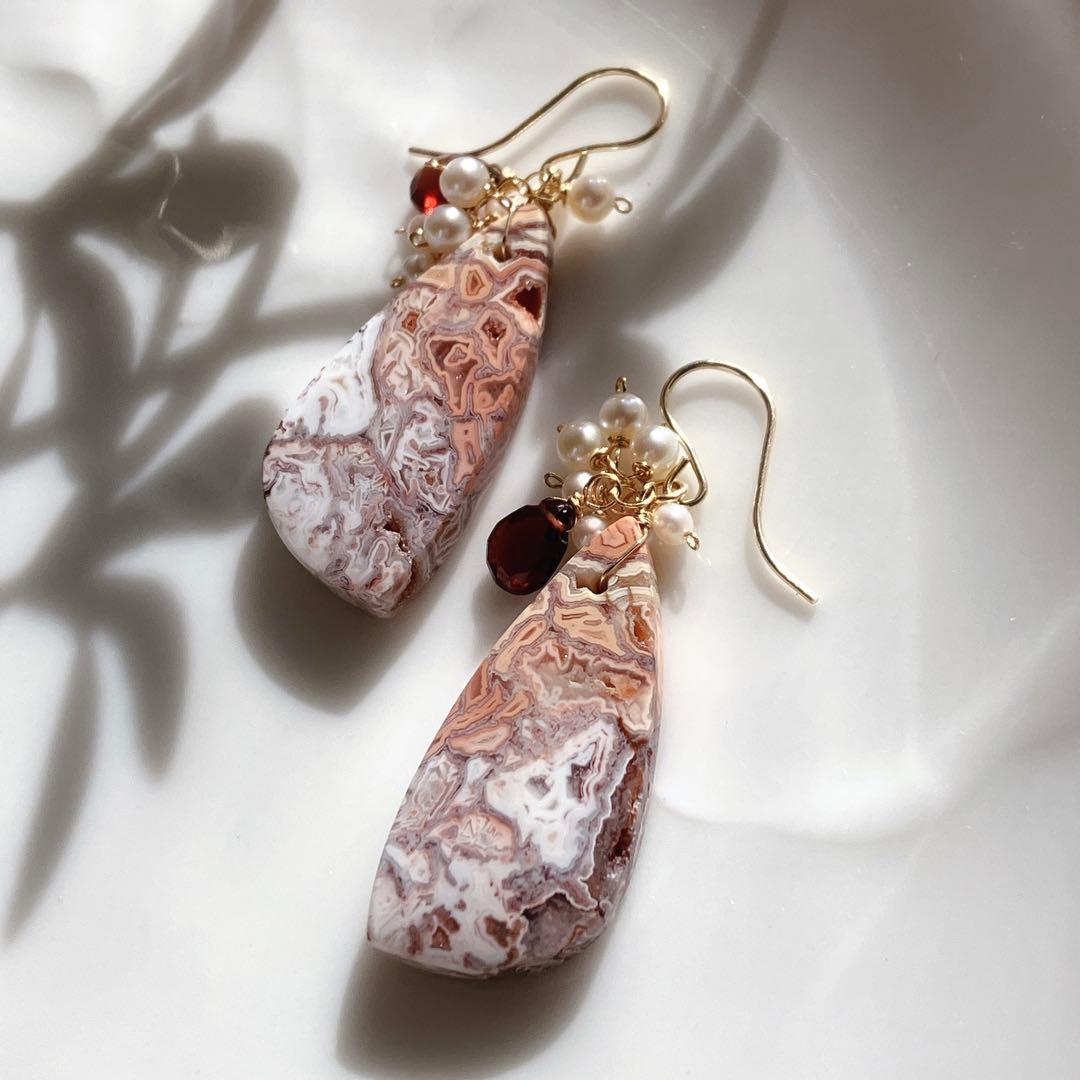 tama◆一点物✧ピンククレージーレースアゲート×ガーネットピアス