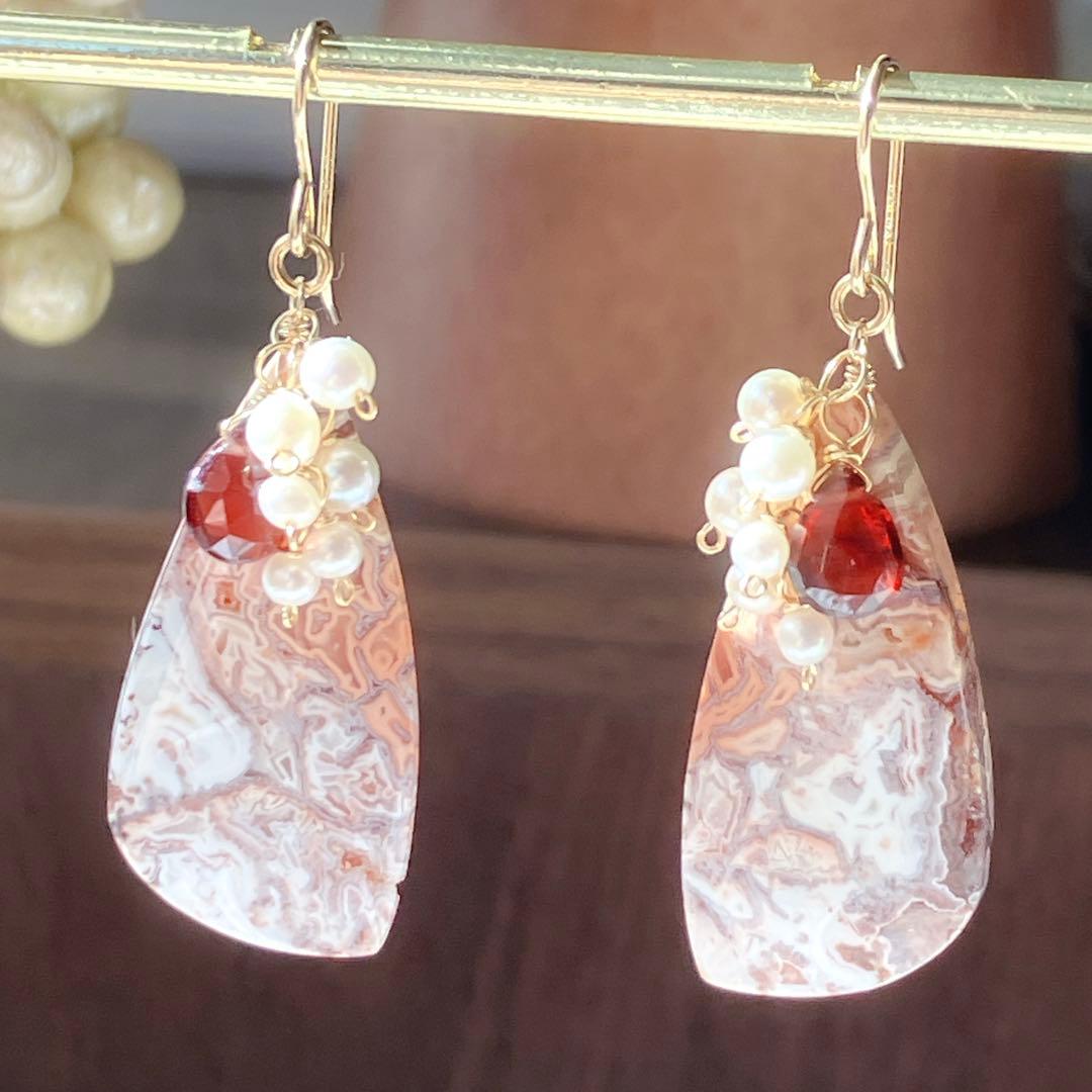 tama◆一点物✧ピンククレージーレースアゲート×ガーネットピアス