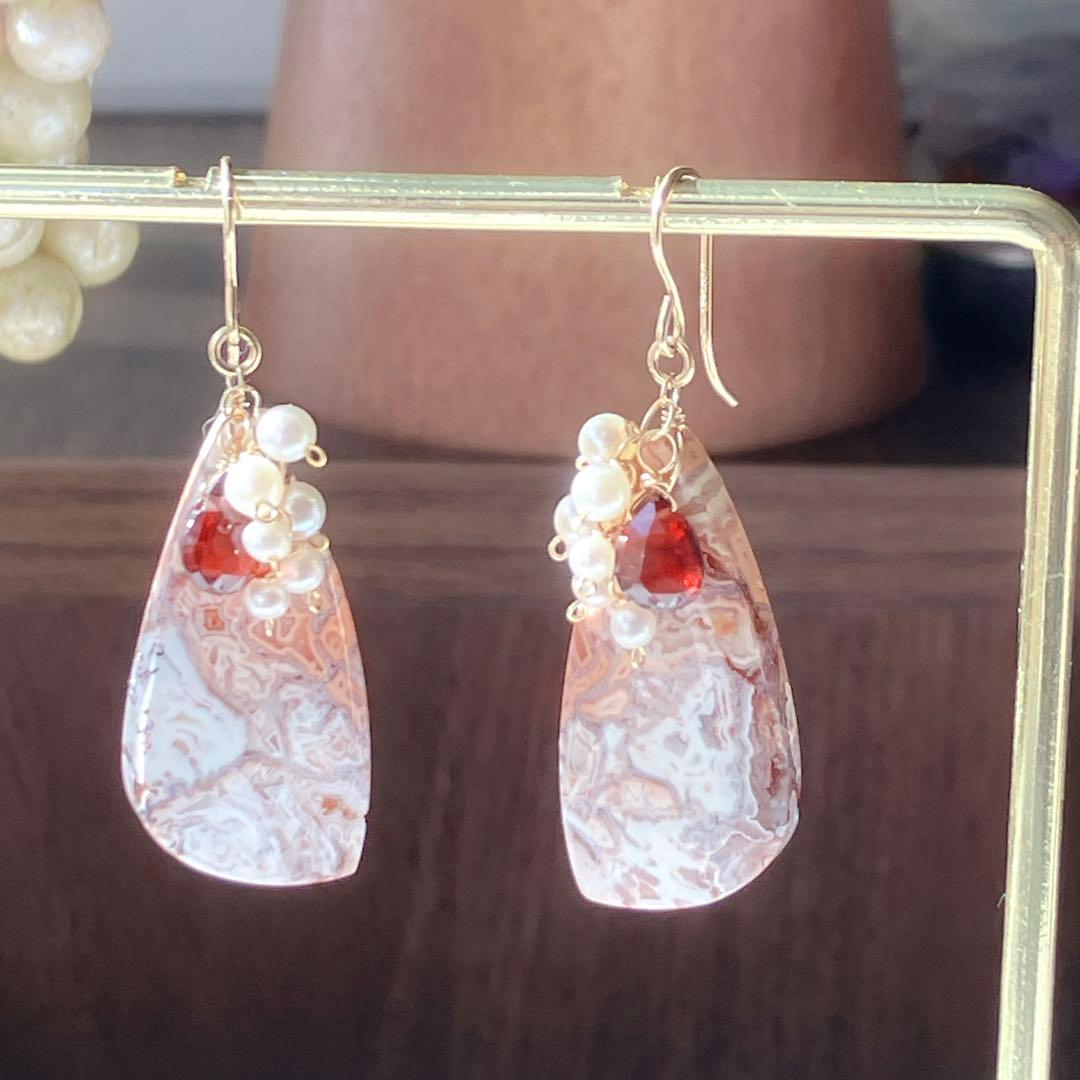 tama◆一点物✧ピンククレージーレースアゲート×ガーネットピアス