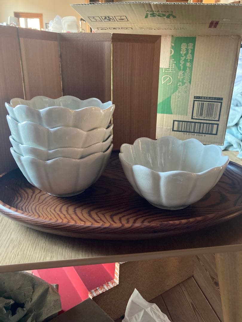 アンティーク　輪花鉢5客組セット　菊型　青磁　お茶道具？向付け鉢？煮物鉢？