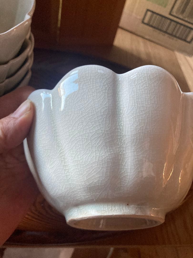 アンティーク　輪花鉢5客組セット　菊型　青磁　お茶道具？向付け鉢？煮物鉢？