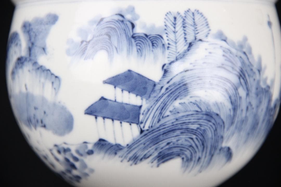 中国美術 南京染付　山水模様　建水　箱付 EA21-21