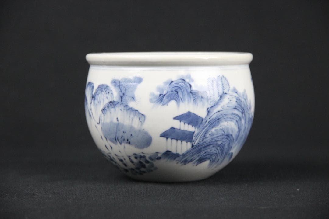 中国美術 南京染付　山水模様　建水　箱付 EA21-21