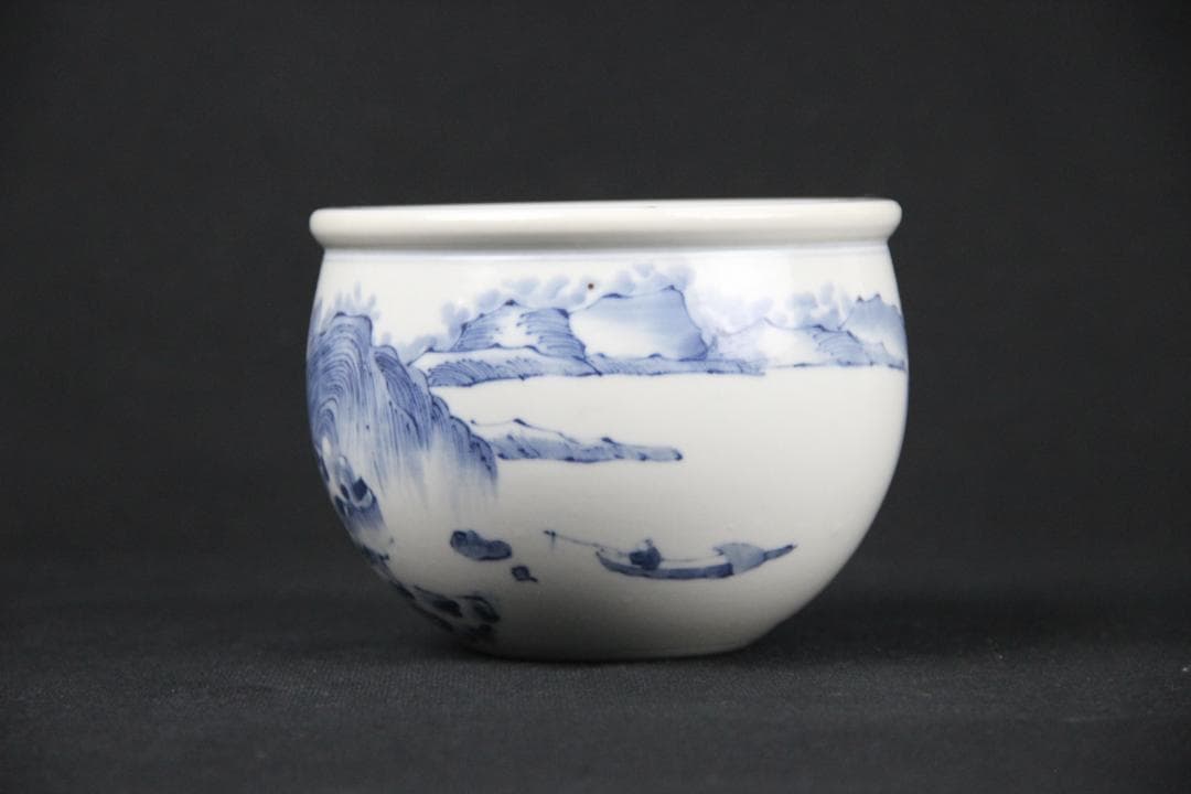 中国美術 南京染付　山水模様　建水　箱付 EA21-21