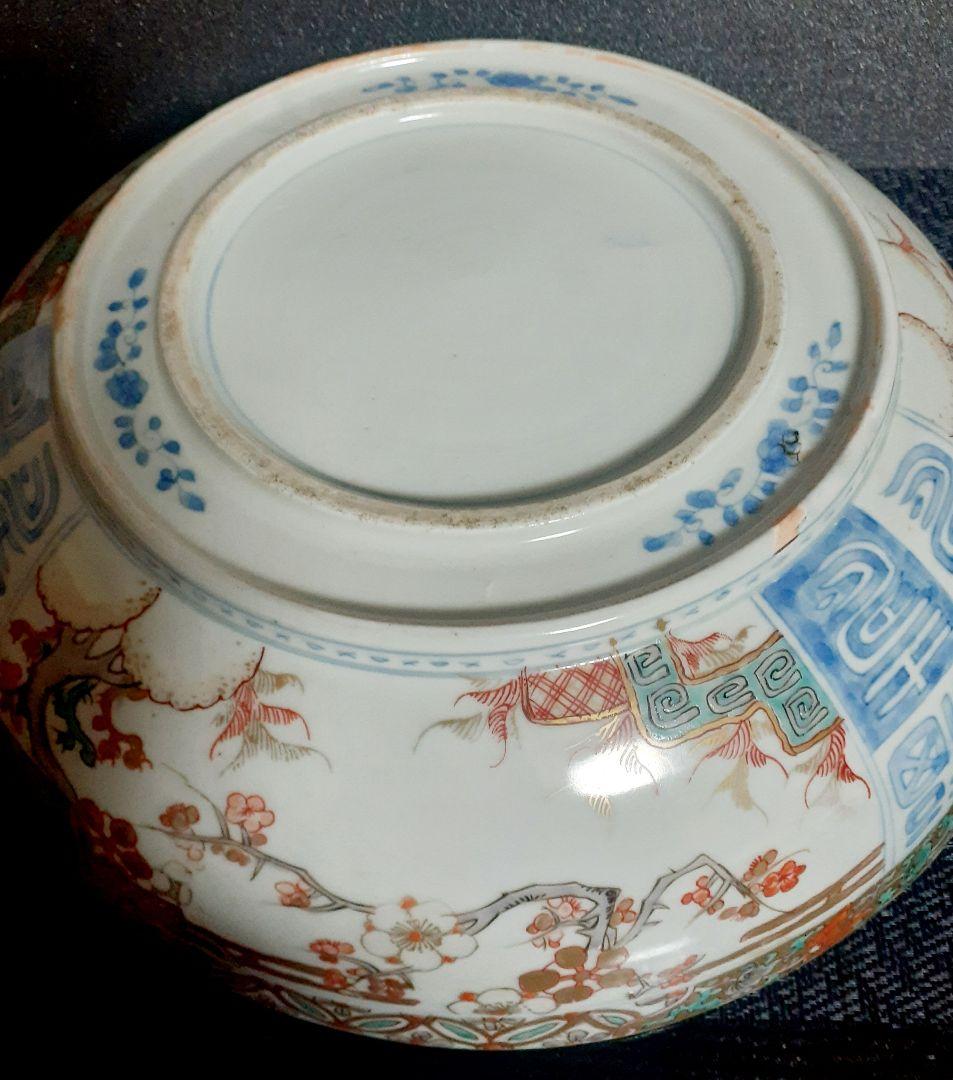 【名鉢】江戸時代後期　古伊万里　染錦　金彩色絵　梅花に福壽文字　32.0cm大鉢