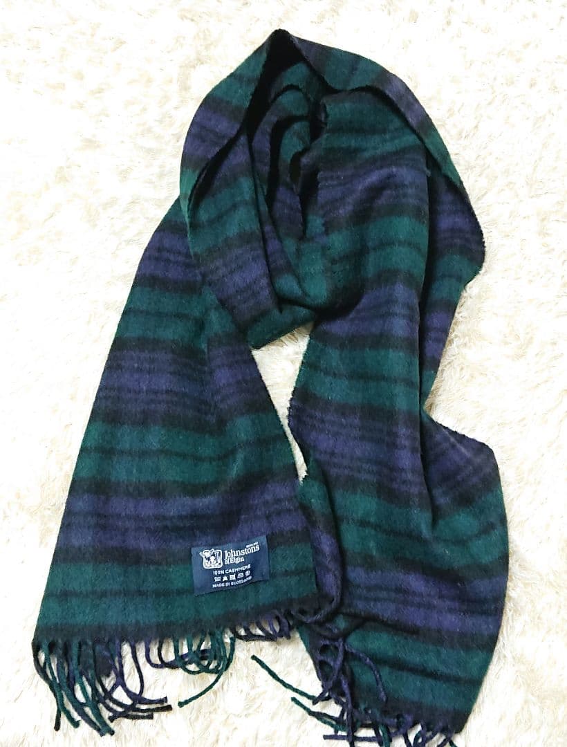 ジョンストンズ マフラー チェック柄 カシミヤ 緑 メンズ レディース 洗濯済