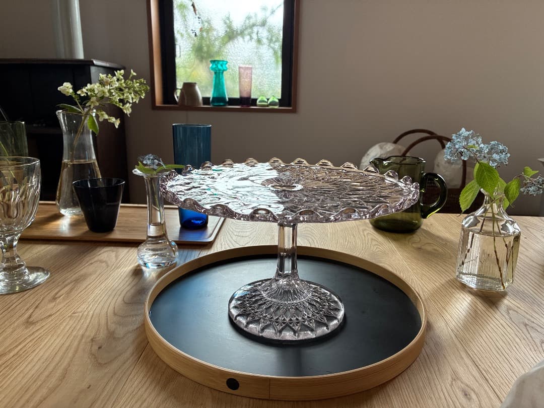 【英国アンティーク】　カットガラス ケーキスタンド