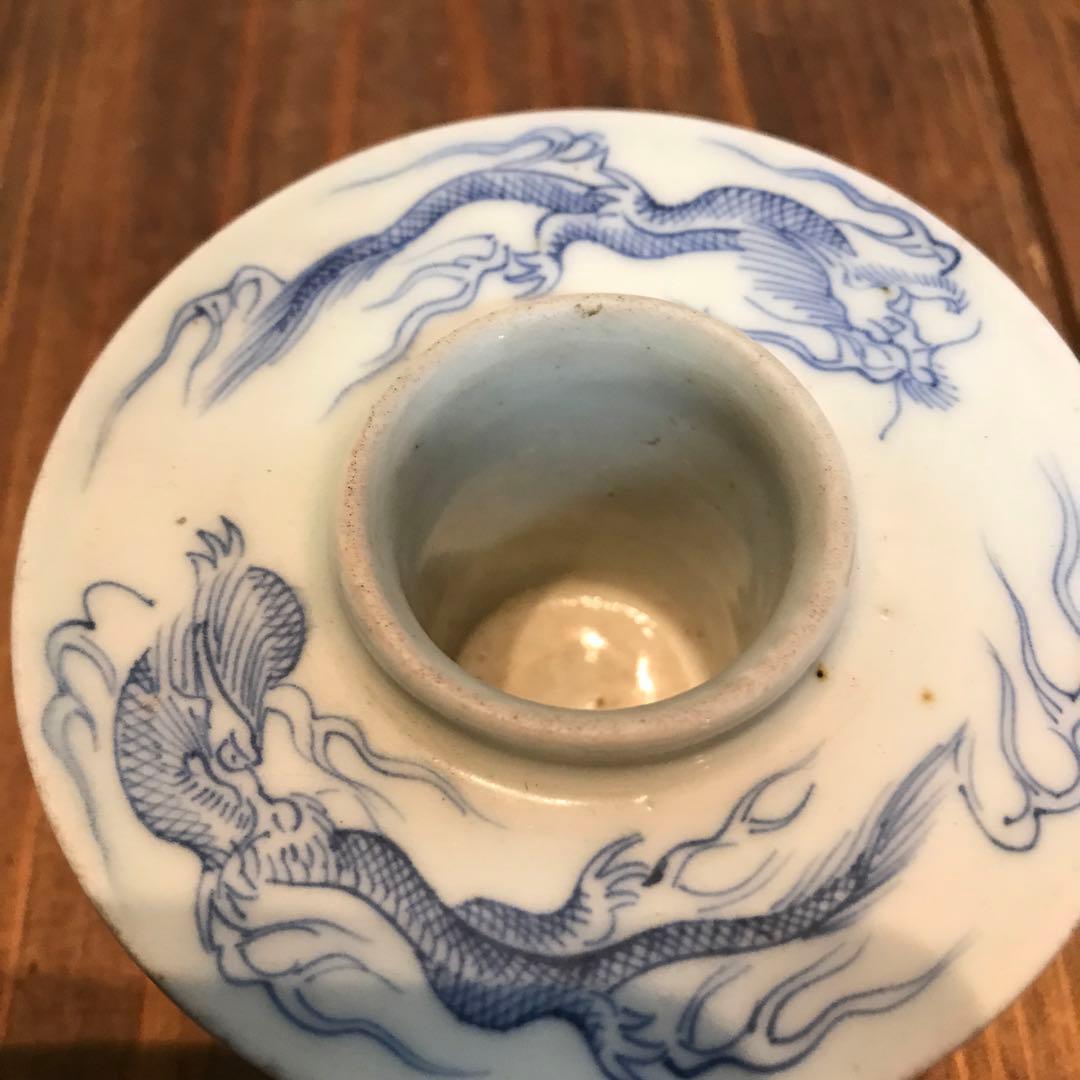 美品　古伊万里　染付　龍　盃台　年代物　焼物　杯台　酒器　迫力ある絵柄