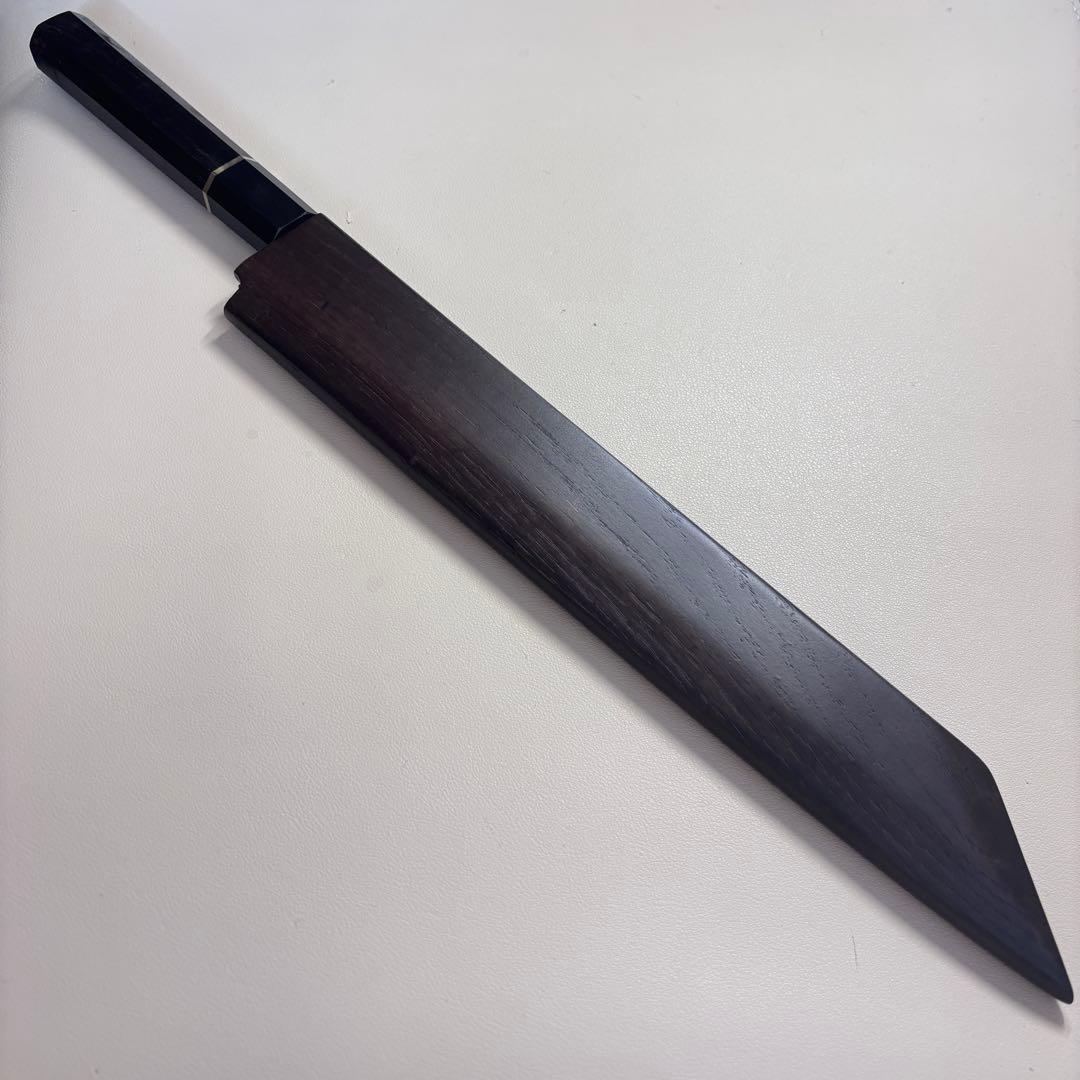 270mm 切付柳刃包丁 鏡面　黒檀黒水牛八角柄 刺身包丁 【全鋼】'鞘付き
