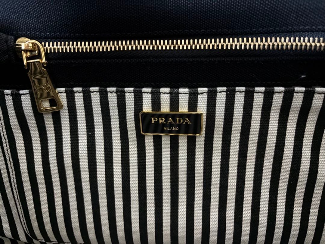 美品 PRADA プラダ カナパ キャンバス ストライプ柄 M ショルダー付き