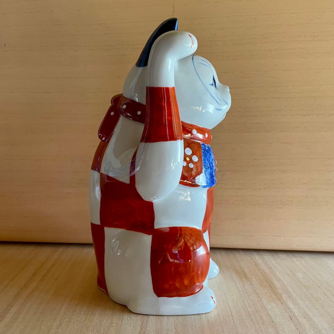 【未使用】赤絵市松猫　招き猫　瀬戸焼　右　 まねきねこ　置物　縁起物