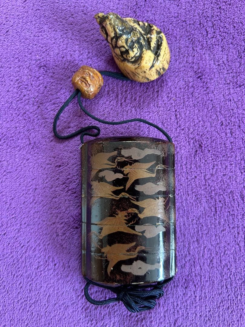 鳥の絵図 印籠 根付 銘有 インテリア 薬入れ 小物入れ アンティーク