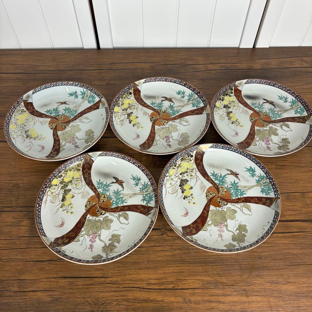 【希少】九谷焼 大正九谷 金彩　小紋　三方割　花鳥図皿 松竹梅色絵皿 中皿
