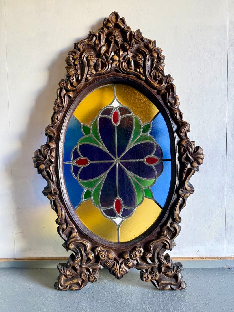 引取り限定 フレーム付き ステンドグラス オブジェ 窓枠