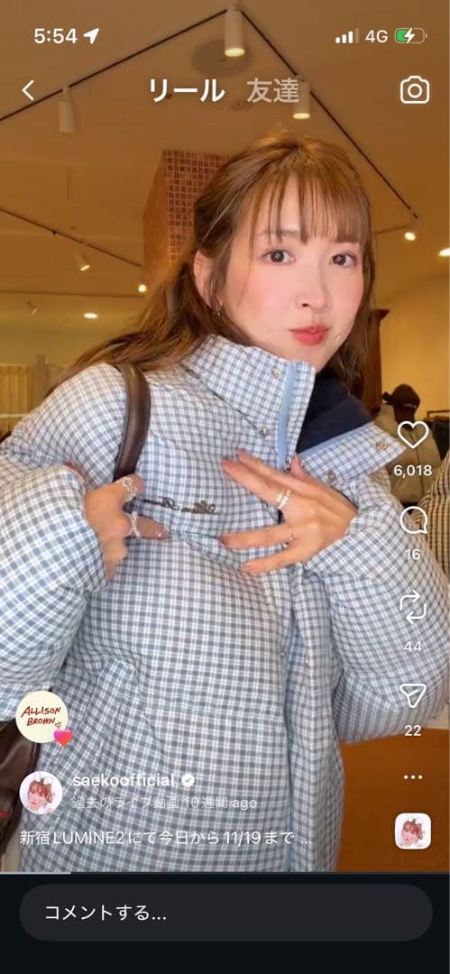 アリソンブラウン　紗栄子　ギンガムチェック　ブルゾン　ダウンジャケット