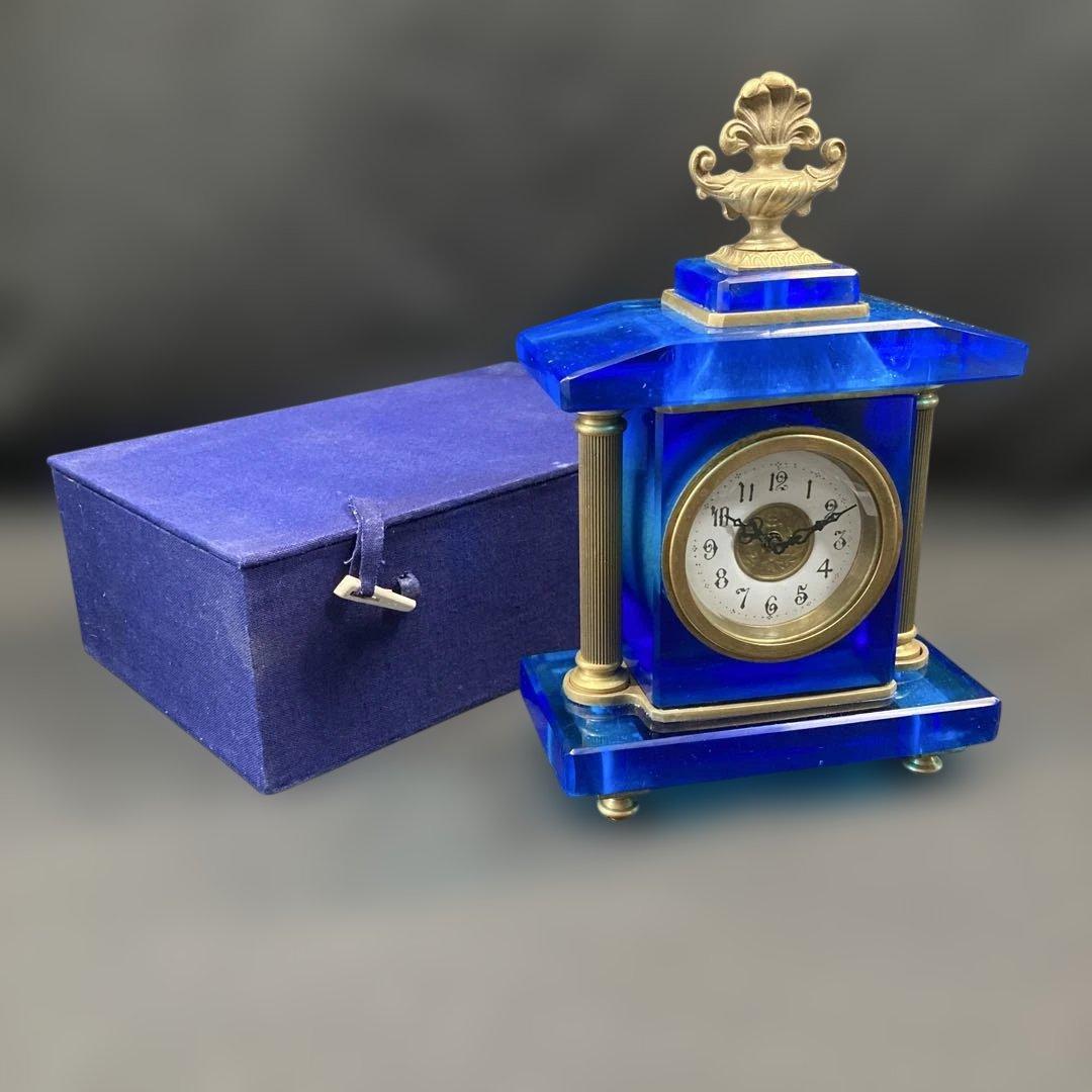 宮型置き時計 手巻き可動 瑠璃光ガラス レトロ時計