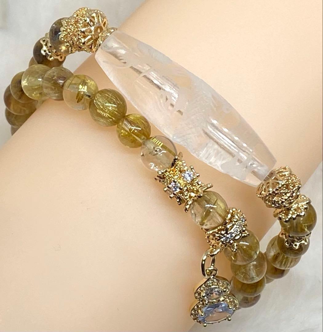 五爪皇帝龍彫り水晶天珠　タイチンルチル二連ブレス　浄化　魔除け　金運　開運