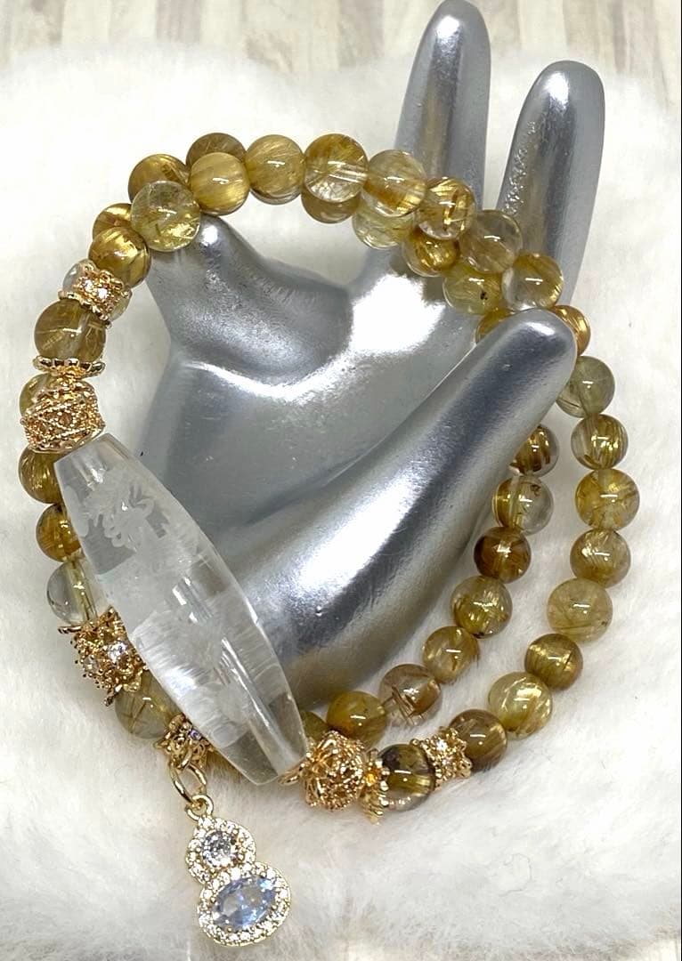 五爪皇帝龍彫り水晶天珠　タイチンルチル二連ブレス　浄化　魔除け　金運　開運