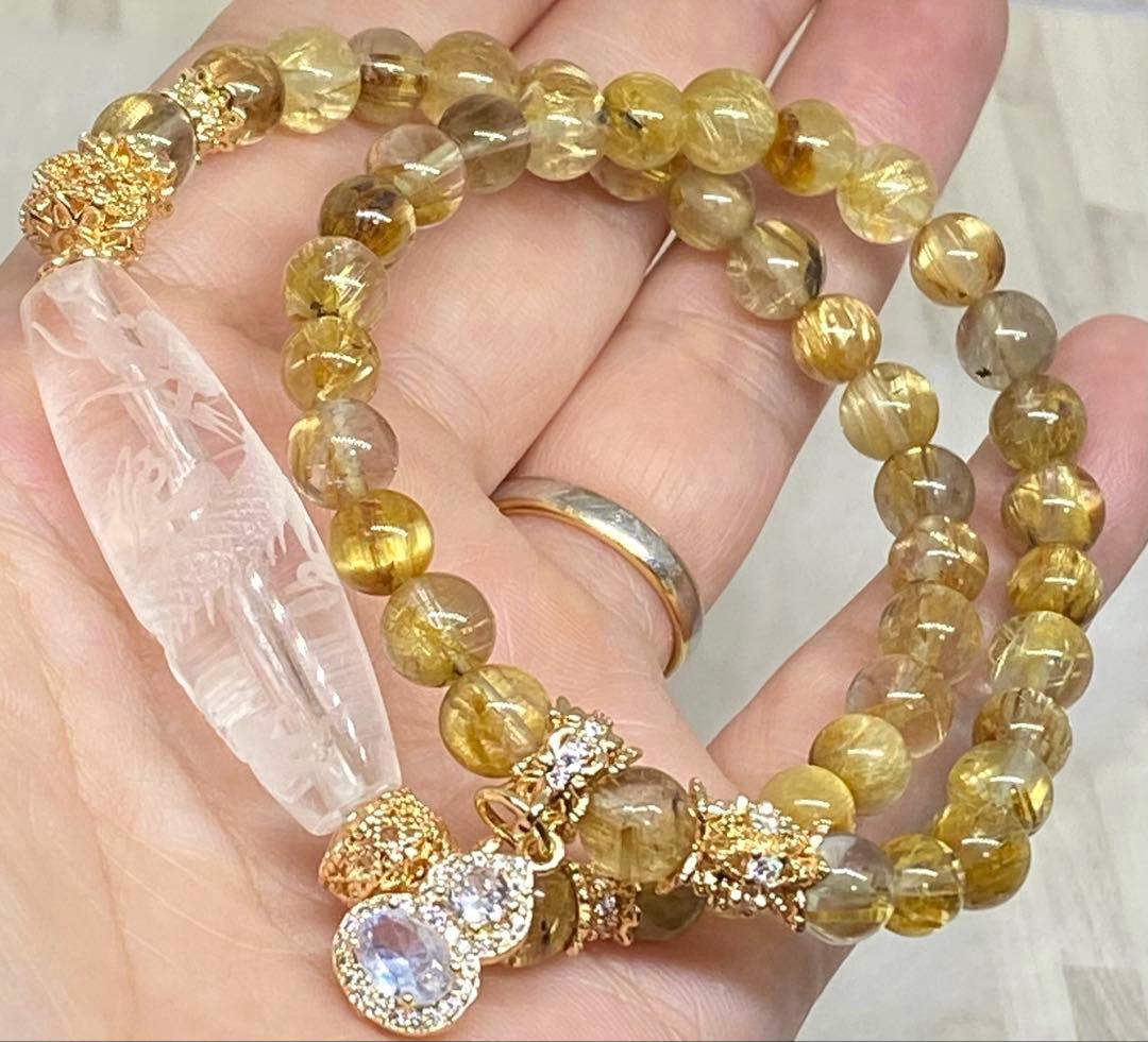 五爪皇帝龍彫り水晶天珠　タイチンルチル二連ブレス　浄化　魔除け　金運　開運