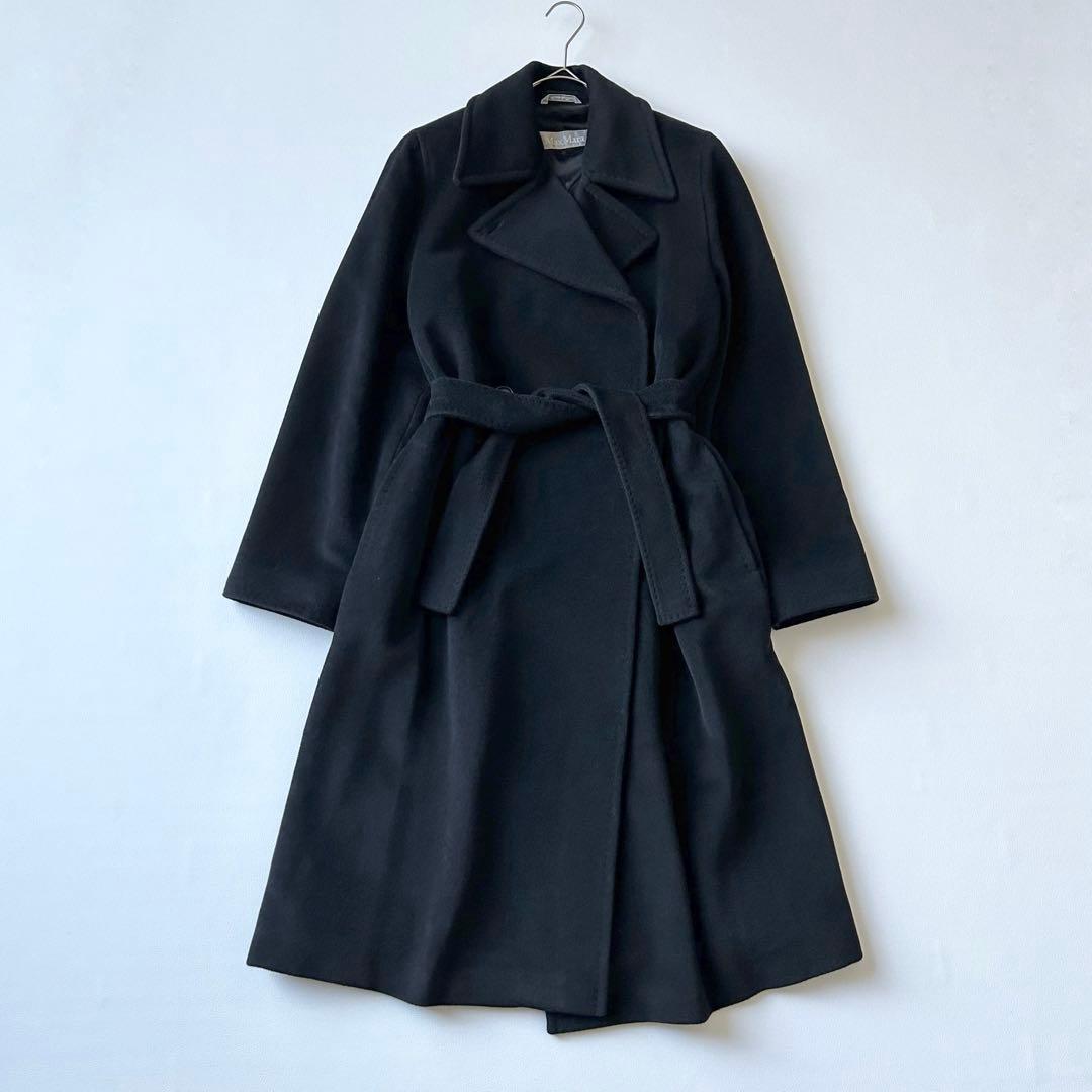 3063y美品 マックスマーラ 銀タグ アンゴラロングコート 黒 大きいサイズ